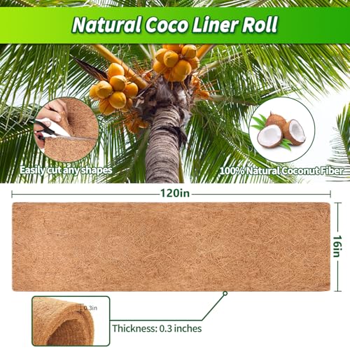 Legigo 16X120 Inch Natural Coco Liner Roll, Coconut Liners for Planter Window Box Hanging Basket, Coconut Coir Roll Coco Fiber Mat for Garden Decoration DIY Moss Poles Pet Pad Reptiles Carpet - size: 16x120 inch