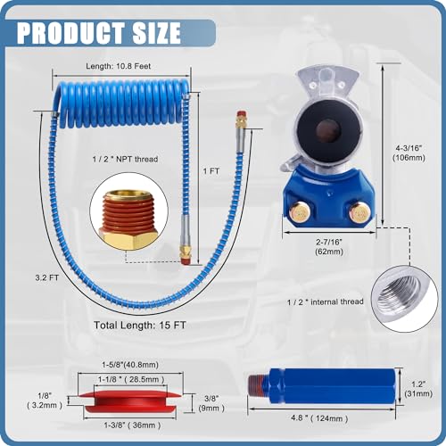 Semi Truck Air Brake Line Hose Coil Assembly Coiled Set Airline Blue Red Pigtail Trailer Air Hose,1/2" NPT DOT Fittings with Glad Hands & Grips & Rubber Seals (15' Length x 40" Tractor Lead) - color: 15FT Long Tail Air Brake Line & Glad Hands
