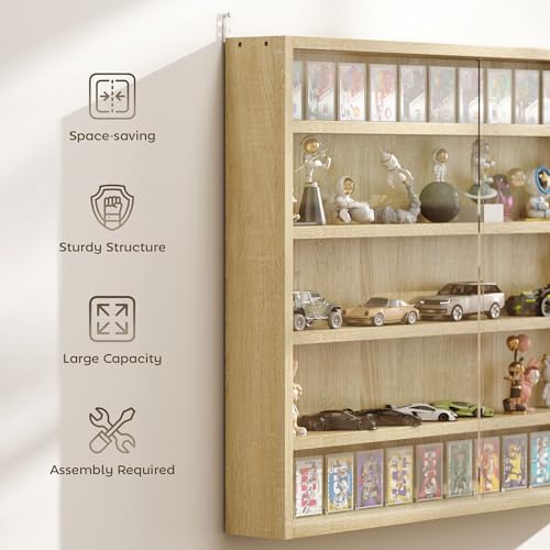 HOMCOM 5-Tier Display Cabinet, Glass Door Cabinet with Adjustable Shelves, Wall-Mounted Display Case for Playroom, Bedroom, Oak - color: Oak