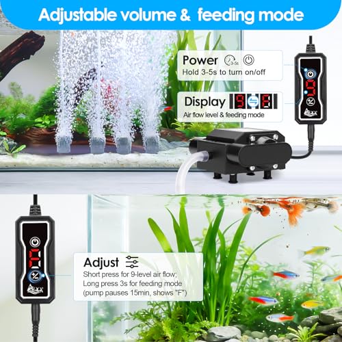 AQQA Powerful Aquarium Air Pump with Controller, Feeding Mode, 9-Speed Airflow Adjustable 4 Air Outlets Oxygen Aerator with Complete Accessories for Large Fish Tanks, Ponds & Seafood Markets (10W/15W) - size: 15W, 356GPH