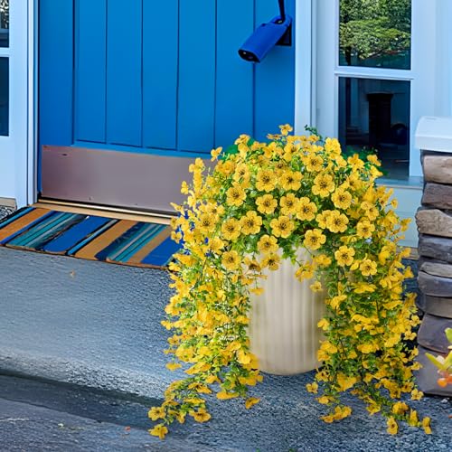 ZFProcess Artificial Hanging Flowers Plants for Outdoor Fall Decoration, 2PCS Faux Silk Daisy UV Resistant Look Real for Outside Home Indoor Planter Porch Garden Yard Autumn Decor(Yellow) - color: A Yellow