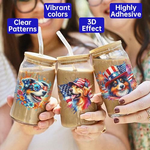 4 PCS Fourth of July Animals UV DTF Cup Wrap, Rub on Transfer Stickers for 16oz Glass Mugs, High Viscosity Permanent UV DTF Sticker, Coffee Cups, Water Bottles and Personalized Crafts - style: American Watercolor