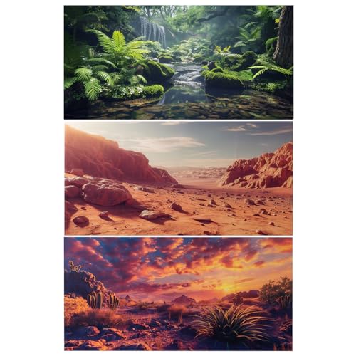 COMSUN 3 Pack Terrarium Background, 36x18 inches Polyester Reptile Background, Cloth Terrarium Backgrounds, Gobi Sunshine Cactus Stone & Green Tree Fern Stream Backgrounds - size: 36x18 Inch