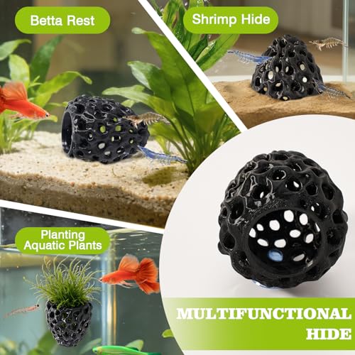 Shrimp Dome Hide, Shrimp Hides for Aquarium, Betta Fish Hideout with Suction Cup, Betta Habitat Tank Ornament Accessories, Aquarium Decor for Small Fish Guppy Hiding Resting (Black) - color: Black