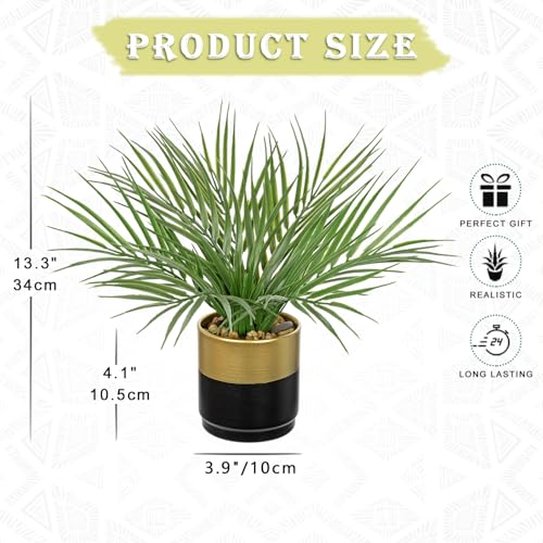 Hollyone Large Artificial Potted Plants Fake Palm Plants 13" Faux Tropical Palm Plant Tree in Gold and Black Metal Pots for Home Room Office House Indoor Decoration - color: 13" Palm Potted-gold & Black Pot