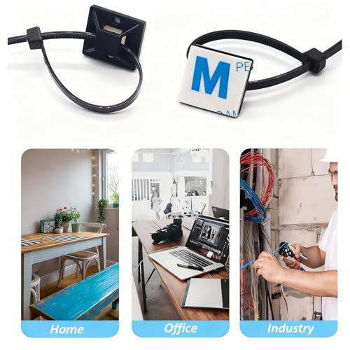 100 Set Cable Zip Tie Self Adhesive Mounts Kit with 6" Zip Ties, 3/4" Wire Holders Squares, Screws - Sticky Wire Fasteners Cable Clips Management Anchors Organizer - Black - color: Black, size: 100 Set