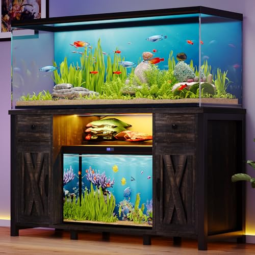 55-75 Gallon Fish Tank Stand with Power Outlet & LED Lights, Heavy Duty Aquarium Stand with Storage Drawers & Barn Doors, Reptile Tank Cabinet for Turtle, Reptile Terrarium, Dark Oak - color: Dark Oak