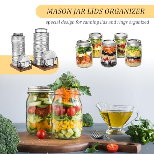 2PCS Mason Jar Lid Organizer & Holder (Wide Mouth & Regular Mouth) Iron Ball Jar Wooden Storage Accessories for Home Kitchen Organization Fit Mason/Canning/Bamboo Lids, Holds 20 Lids & 20 Rings