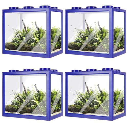 4PCS Plastic Small Betta Fish Tank, 0.6 Gallon Stackable Fish Bowl, Cube Fish Aquarium Tank for Shrimp, Turtle, Small Crab (Blue) - color: Blue