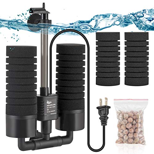 AQQA Aquarium Electric Power Sponge Filter,3W/5W Silence Submersible Foam Filter,Sponges Bio Ceramic Media Balls Double Filter for Saltwater Freshwater Fish Tank (M) - size: M（5W for 15-55 gallon)