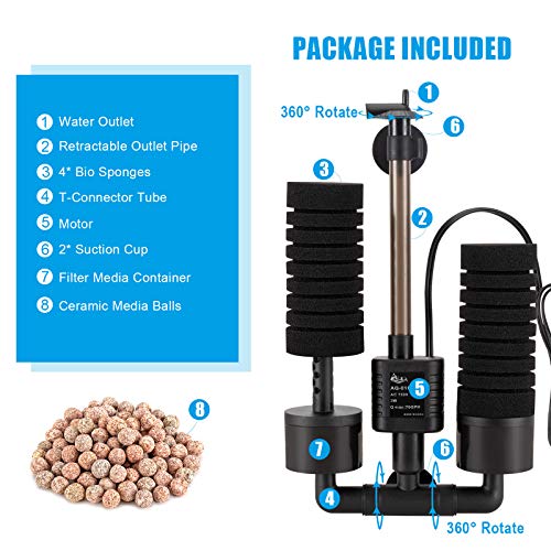 AQQA Aquarium Sponge Filter, Power Driven Double Biochemical Water Filter, Quiet Submersible Foam Filter with 2 Extra Sponges, 1 Bag of Filtered Ceramic Balls for Fresh and Salt Water Fish Tank (S) - size: Small