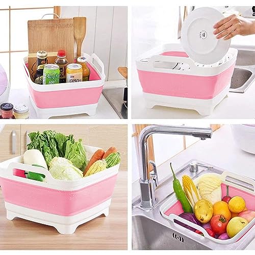 9L (2.4Gal Dish Basin Collapsible with Drain Plug Carry Handles , Space Saveing Kitchen Storage Tray Dish Wash Basin, Portable Dish Tub for Camping ,RV,Pink - color: Light Pink