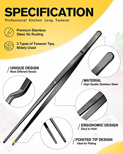 Fine Cooking Tweezers Set, Professional Stainless Steel Food Tongs, Kitchen Black Long Chef Tweezer for Cooking, Plating, Decorating and BBQ (BLACK, 10 inch) - color: Black, size: 10 inch