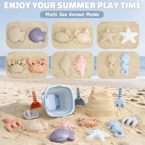Dreamon 3 Pack Beach Toys Set for Kids 3-10, Collapsible Sand Buckets with Beach Molds and Mesh Bag, Sandbox Travel Toys Beach Vacation Essentials, Camping Gear, Fishing (Blue/Grey/Orange) - color: Blue/Grey/Orange