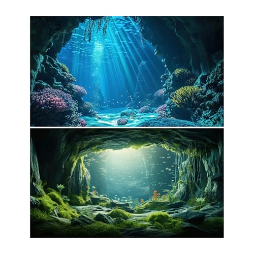 2 Packs Aquarium Background Underwater World Large Rock Cave Fish Tank Background Grotto Caves Caral Reef Aquarium Backgrounds Tropical Under The Sea Marine Sunrays Fish Tank Backgrounds 24x12in - color: Warm Green_Blue, size: 24(W)x12(H)inches/ 60(W)*30c