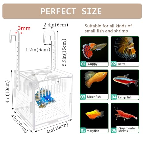 Acrylic Fish Breeding Box with Suction Cups,4x4x4 Inch Breeder Box for Fish Tank,Aquarium Hatchery Incubator for Baby Fishes Shrimp Clownfish,Guppy