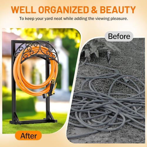 Garden Hose Holder for Outside - Upgraded Water Hose Holders with 5 Spikes & 2 Shepherds Hooks, Freestanding Hose Stand Heavy Duty Hose Hanger Hose Storage Hose Reel Rack for Outside Yard Lawn - color: Black