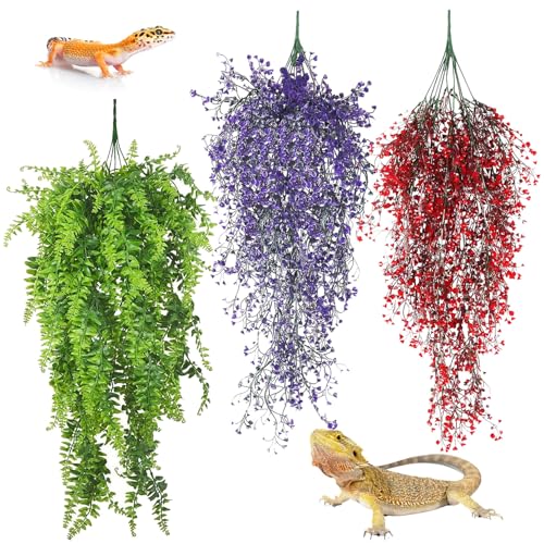 3 Pack Reptile Plants Terrarium Hanging Fake Vines with Suction Cup Artificial Leaves for Bearded Dragons Lizards Geckos Snake Hermit Crab (Green, Purple and Red) - color: 3 Pcs ( Green, Purple and Red )