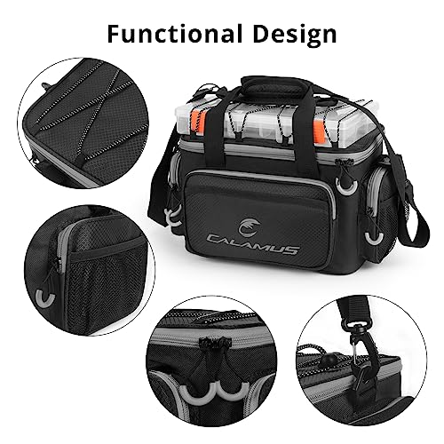 Calamus Fishing Tackle Bags - Saltwater & Freshwater Fishing Bags - Rip-Stop PE - Padded Shoulder Strap - Pliers Storage - Black - color: D：Black(without trays)-14.3*9*7.5 inches