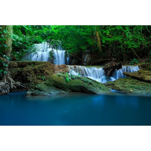 Cascading Waterfall Aquarium Background Jungle Forest Stream Terrarium Backgrounds Big Rocks Falls Green Trees Fish Tank Background Natural Waterfall Forest Reptile Tank Enclosure Backgrounds 24x12in - color: Dark Blue_Green, size: 24(W)x12(H)inches/ 60(W