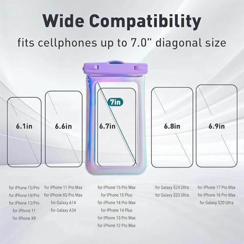 1 Pack [Floatable] Waterproof Phone Pouch, Waterproof Phone Case for iPhone 17 Pro Max/16/15/14/13, IP68 Cellphone Dry Bag Beach Cruise Ship Essentials,Travel Essentials, Iridescent-7″