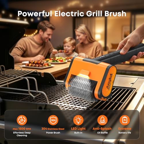Electric Grill Brush - 1500RPM 3 Speeds, Cordless BBQ Cleaner with LED Light, 4000mAh Rechargeable BBQ Grill Brush for Outdoor Stainless Steel Cast Iron Grates