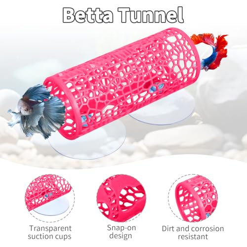 Betta Fish Tank Accessories, Betta Tunnel Toys- Hammock with Suction Cups, Fish Tank Decorations & Hideout for Aquarium Small Fishes & Shrimp, Small Hole Hollow Cave (Rose red) - color: Rose red