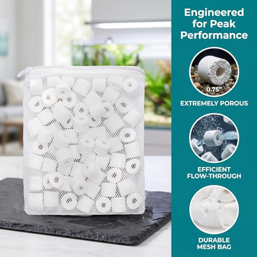 TOPZEA 6 Lb Aquarium Filter Media Ceramic Rings, Premier Bio Filter Medias with Zipper Mesh Bags for Koi Pond, Canister, Fish Tank Filter, Pure White