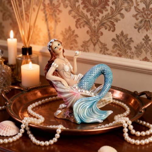 Rayberro 4.72" Mermaid Figurine Resin Mermaid Sculpture Mediterranean Princess Statue Home Office Desktop Ornaments Bookshelf Decor Mermaid Collectible Crafts Fish Tank Aquarium Decoration - color: Blue Pearl