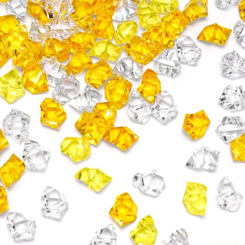 DomeStar Yellow and Clear Mixed Fake Ice, 150PCS Acrylic Gems Crystals Plastic Diamonds Fake Ice Cubes for Vase Fillers DIY Craft Wedding Photography Prop Display Table Scatter Home Amalfi Coast Decor - color: Yellow and Orange