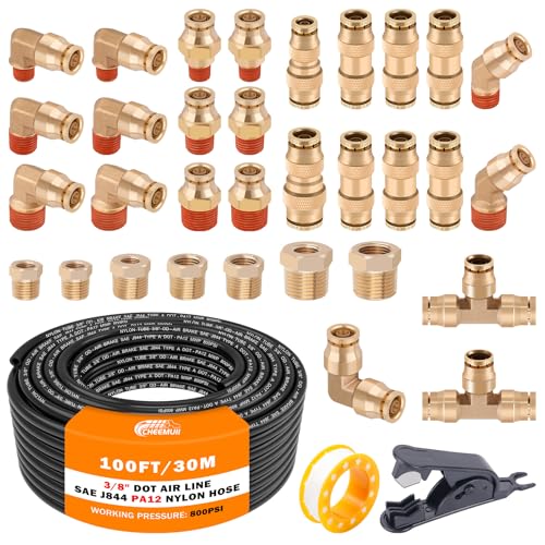 CheeMuii 3/8 Brass DOT Air Fittings With 100 FT 3/8" DOT Air Line Kit Quick Connect Air Line Fittings and Black Pneumatic Tubing for Semi Truck Trailer or Industrial Air Syste - color: black & gold, size: 3/8"100ft-35pcs