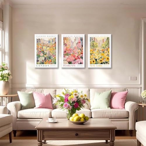 XLARTMY Flower Market Wall Art Print Canvas Framed Yellow Pink Floral Paintings Colorful Botanical Sunflower Artwork Travel Poster for Decor Picture 3 pieces for Living Room Bedroom Bathroom 16x24in - color: Flower Market-2, size: 16x24in Canvas