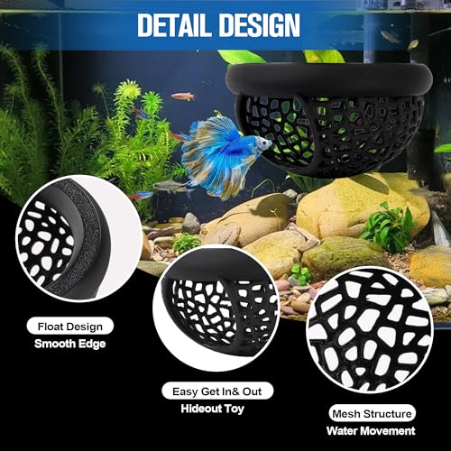 Black Floating Betta Hide & Shrimp Cave Aquarium Hammock, Feeding Ring & Resting Spot for Betta Fish, Shrimp & Small Fish (S) - Plastic Material