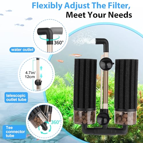 hygger Aquarium Double Sponge Filter: Upgraded Sponge Filter with Larger Filtration Area, Come with Extendable Clip, 2 Spare Biochemical Sponges, Bioceramic Balls, for Freshwater Saltwater Tank - M - size: M (For 15-55 Gallon)