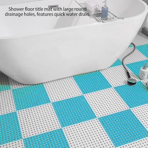 12 Pack 12" x 12" Drainage Interlocking Floor Mats, Non-Slip Shower Bathroom Pool Tiles for Flooring, Soft PVC Splicing Modular Cushion Mat, for Bathroom, Drain, Pool, Patio, Balcony, Kennel, Blue
