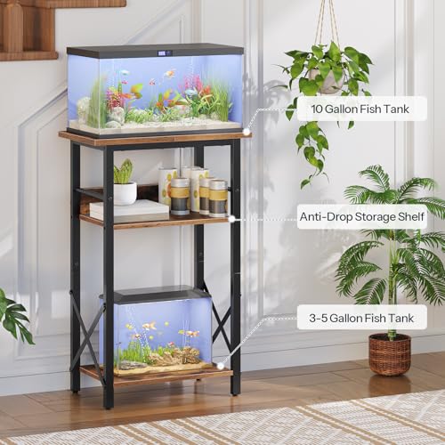 HOOBRO 10 Gallon Aquarium Stand, 3-Tier Fish Tank Stand with Storage, Reptile Turtle Tank Stand with Metal Frame, 20.5" L x 11" W , Rustic Brown BF52FT01 - color: Rustic Brown + Black