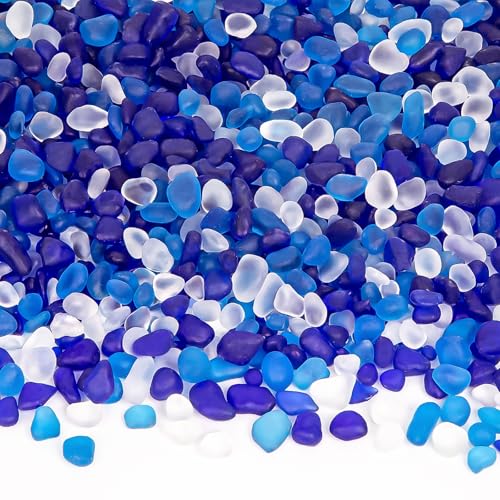 QEQEKAKA Sea Glass Stones for Crafts About 1LB (405g/14.28oz) Glass Pebbles Gemstones Bulk for Beaching Wedding DIY Decoration Aquarium Turtle Tank Vase Filler - color: White & Dark/Light Blue, size: 1LB (405g/14.28oz)