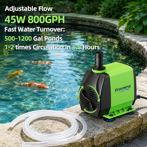 Small Pond Pump with Hose: 45w 800gph Adjustable Flow Circulate 500-1200 Gal Water 1-2 Times in 1.5 Hour - 3 Year Durable Operation Keep Pond Clean for Koi health - size: 45W/800GPH