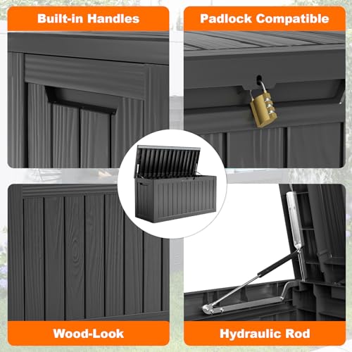 PatioZen 90 Gallon Resin Deck Box, Lockable Patio Outdoor Storage Box for Furniture, Garden Tools and Tools Storage, Waterproof Outside Storage Box - Black - color: Black, size: 90 Gallon