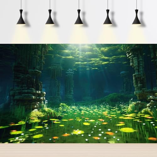 Under The Sea Aquarium Background Underwater Cave Ruins Fish Tank Background Aquatic Seagrass Coral Reefs Submerged Rock Column Terrarium Backgrounds Underwater City Reptile Backgrounds 24x12in - color: Blue_Green, size: 24(W)x12(H)in