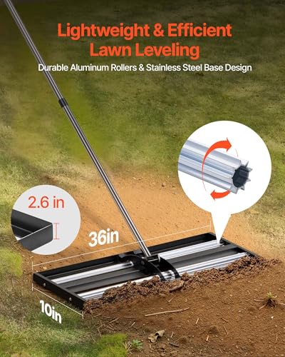 VEVOR Updated Lawn Leveling Rake with Roller, 36" x 10" Stainless Steel Lawn Leveler with 83.9" Adjustable Handle, Heavy Duty Yard Leveling Rake, Effort Saving Lawn Leveling Tool for Yard Golf Court - size: 10*36*84in (with Roller)