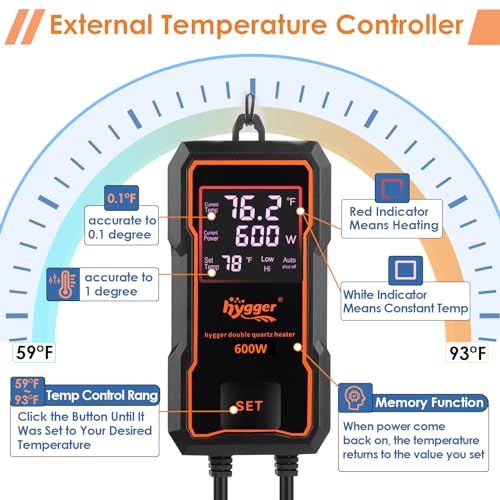 hygger Submersible Aquarium Heater More Efficient Fish Tank Heater with Adjustable Temperature Control, Auto Off & Overheat Protection for Saltwater Freshwater (600W) - size: 600W