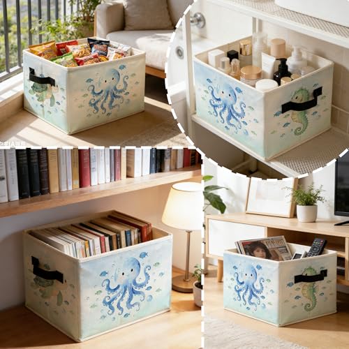 Blue Coastal Beach Animal Storage Bins Box with Handles, Sea Turtle Octopus Seahorse Nautical Ocean Foldable Basket Toybox for Kids Room Nursery Bathroom Home Clothes Toys Books - color: color-1