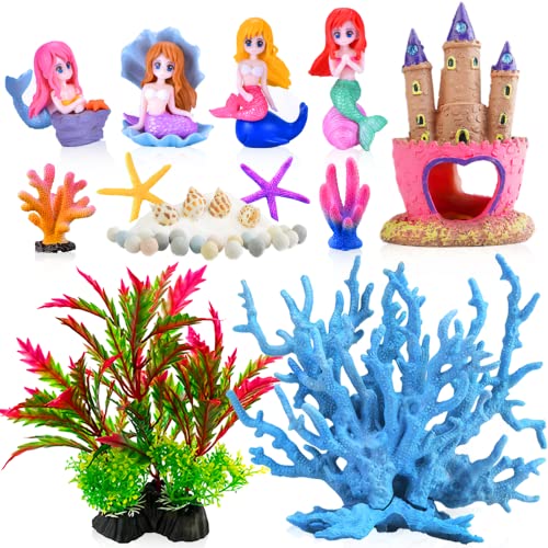 Kooterfun Mermaid's Castle Fish Tank Decorations-28pack Include Castle Hideout, Faux Coral,Starfish and Artificial Plastic Plants Aquarium Décor Accessories for All Fish-Pink