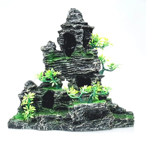 Large Aquarium Decor - Fish Tank Decorations with Mountain View Stone Ornament, Ideal for Betta, Snails, Turtle, Hiding, Climbing, Exploring, Landscaping, Aquascaping - color: F