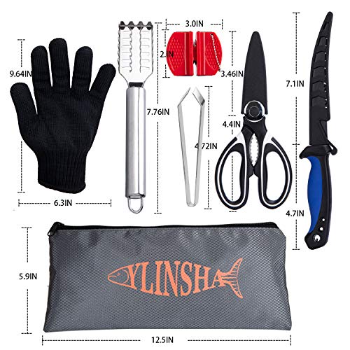 Fishing Knife, Fish Cleaning Kit 7 PC Set with Fish Knife, Fish Scale Cleaning Brush, Multi-Functional Scissors, Anti-Cutting Gloves, Fishbone Tweezers, Storage Bag