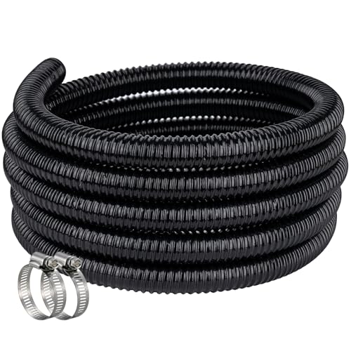 Pond Hose ID 1” × 10ft Black Corrugated Flexible Reinforced PVC Hose Vinyl Tubing for Pond Pump Fountain Garden Waterfall, Non-toxic & Kinkproof, with 2 clamps - size: 1 Inch, style: 10 Feet