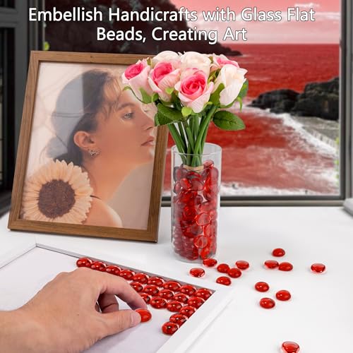 1LB Red Glass Marbles, Transparent and Smooth Flat Glass Beads for Vases, Mosaic Gem Pebbles for Aquarium Decor, Floral Arrangements, Mancala Stones, Vase Filler and Crafts (Approx. 80-100 PCS) - color: Red