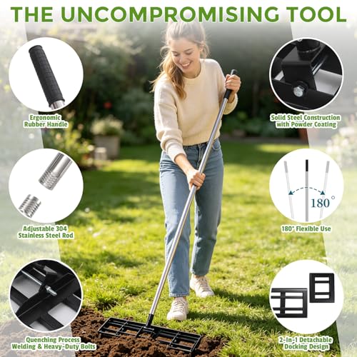 Lawn Leveling Rake for Soil, 17"-30" Modular Interlocking Stainless Steel Lawn Leveler, 78"Adjustable Handle Yard Leveling Rake, Anti-Flip Ground Leveler for Yard, Sand, Topdressing, Golf Course, Farm