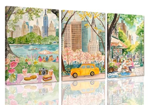 XLARTMY New York City Poster Travel Wall Art Canvas Framed Watercolor NYC Central Park Landmarks Artwork Decor Painting Prints Pictures Set of 3 for Bedroom Living Room Bathroom Office 12x16in - color: Watercolor City, size: 12x16in Canvas